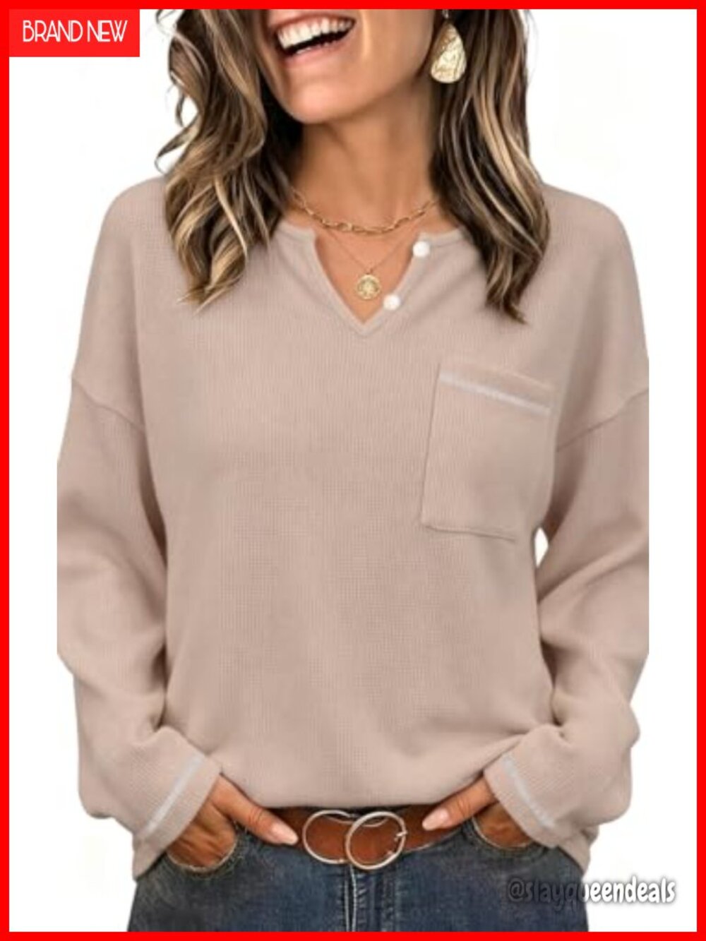 Waffle Knit Tunic Top Relaxed V-Neck Long Sleeve Womens Fall